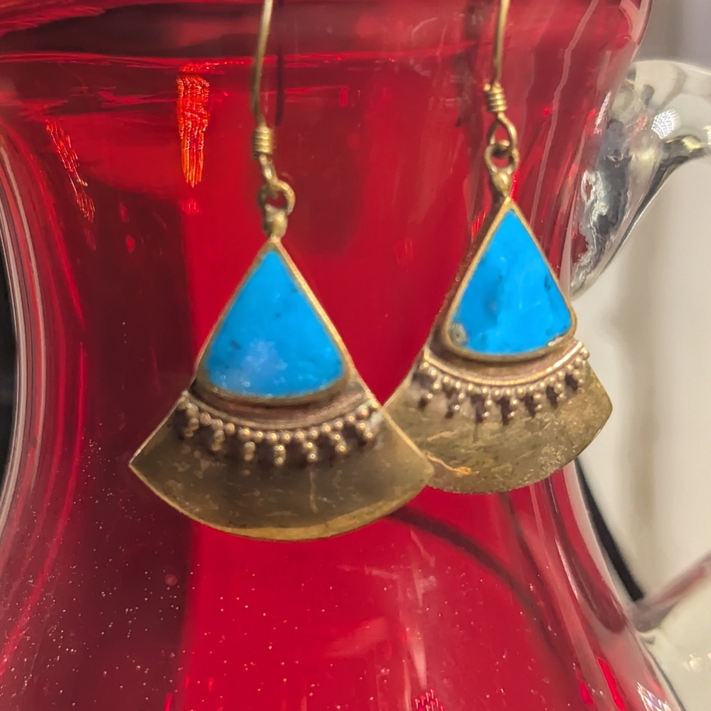 Vintage Brass and Turquoise Tribal Afghan Berber Pierced Earrings - Picture 3 of 4